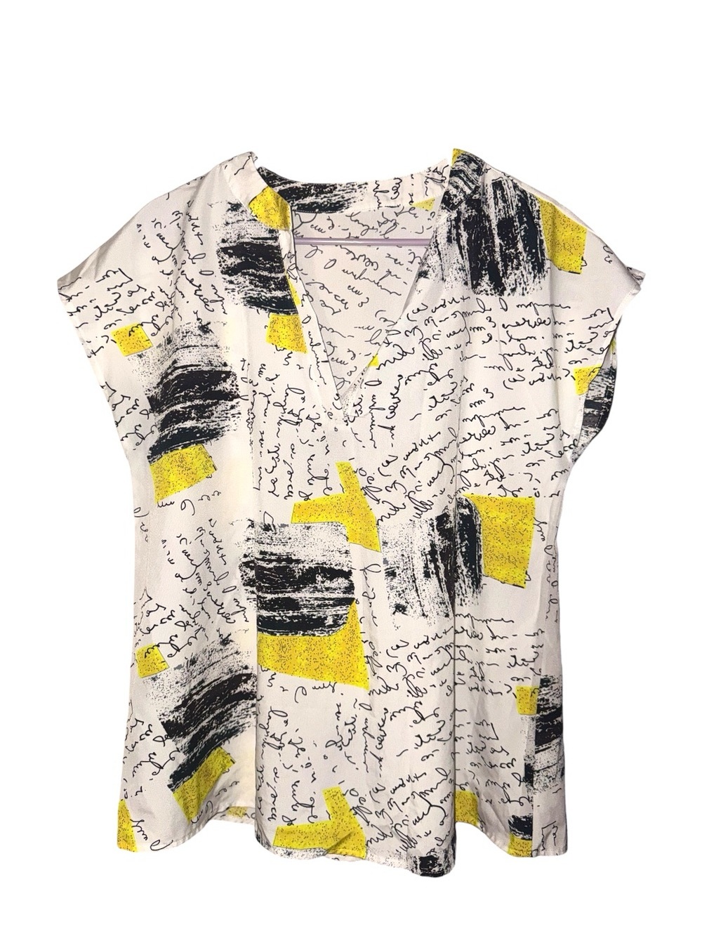 Abstract Print V-Neck Women's Top in White and Yellow